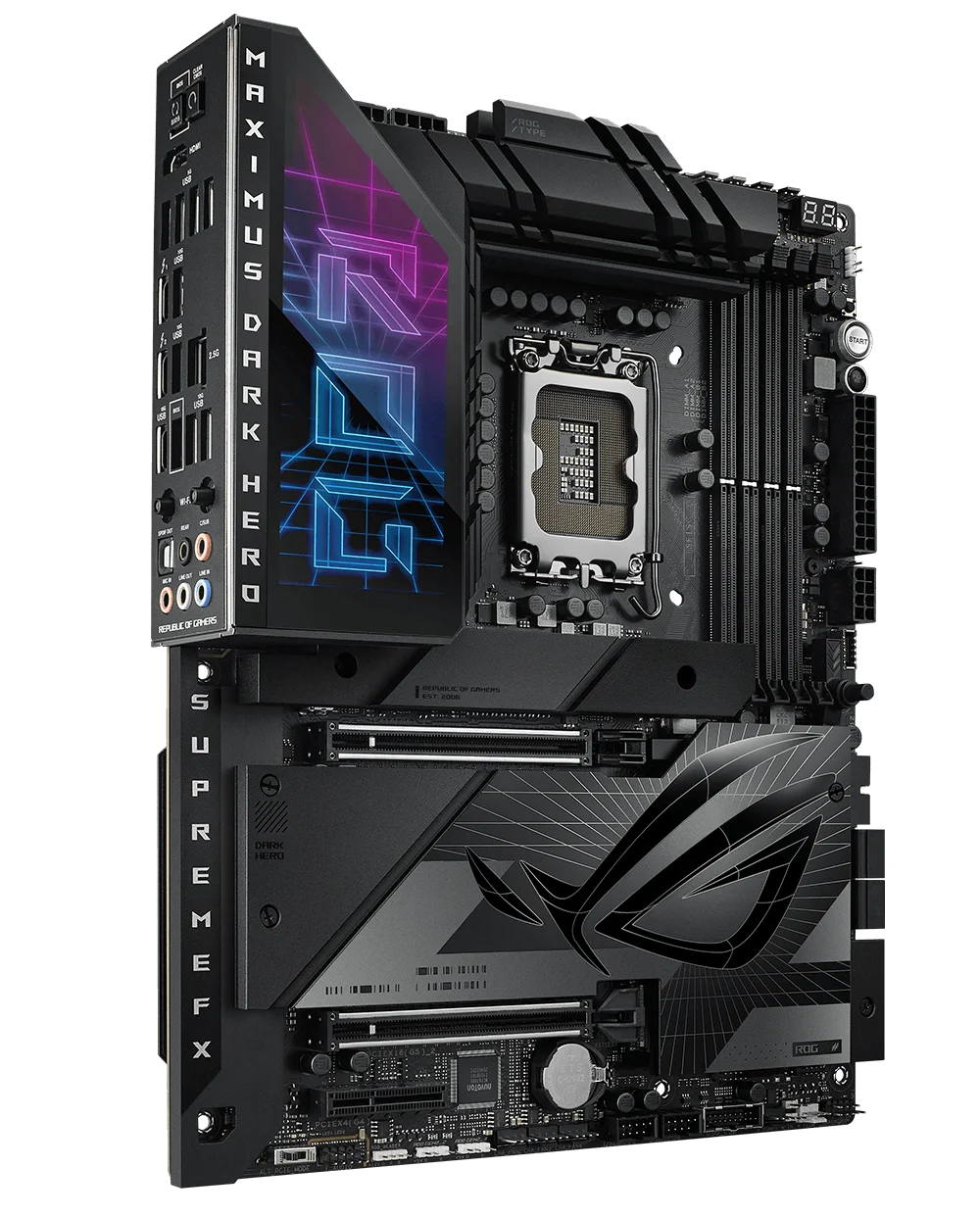 Image with ROG Maximus Z790 Hero motherboard to showcase the connectivity of PCIe 5.0, USB4, WIFI and LAN supports