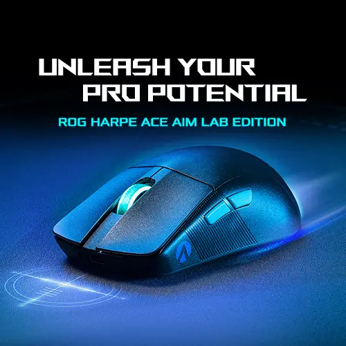 ROG Harpe Ace Aim Lab Edition mouse on dark background with tagline Unleash your Pro Potential