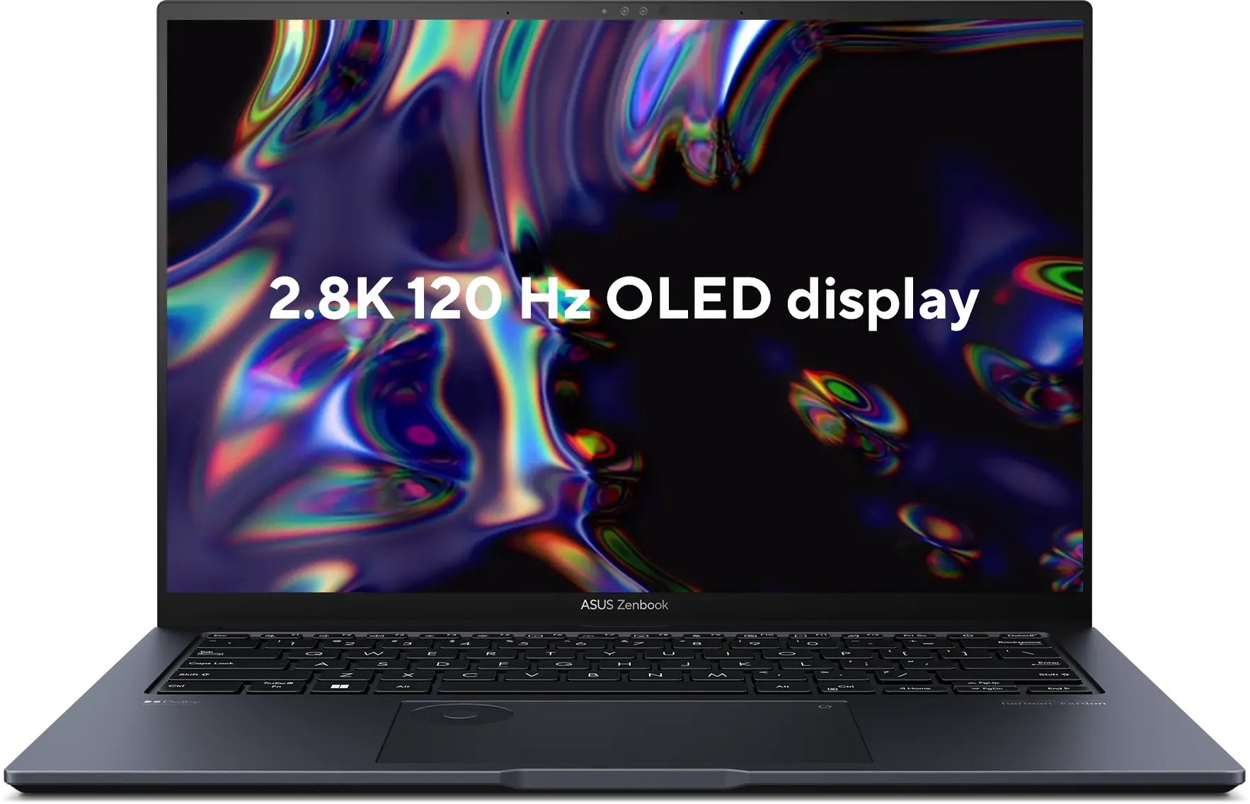 profile view of ASUS Zenbook Pro 14 OLED with text 2.8k 120hz OLED display on the screen.