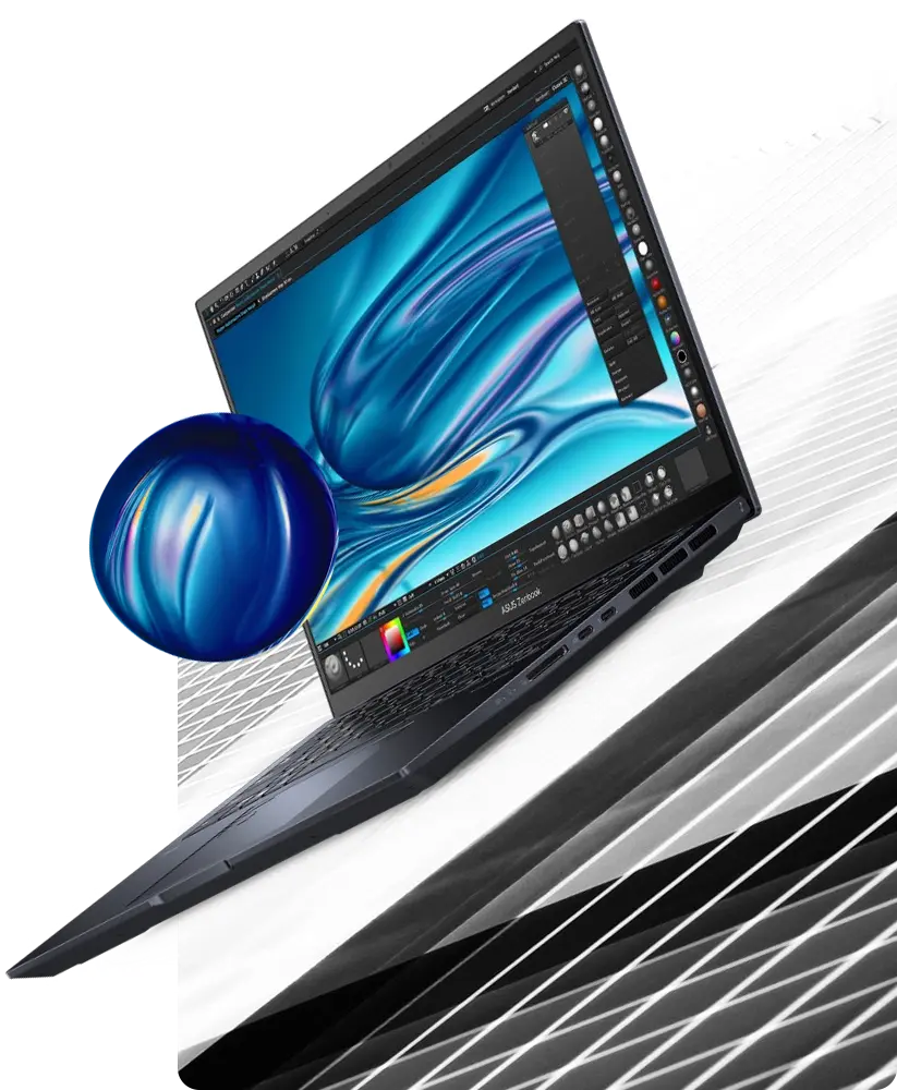 ASUS Zenbook Pro 14 OLED on a sloping surface with a simulated 3D image of a sphere emerging from the screen.