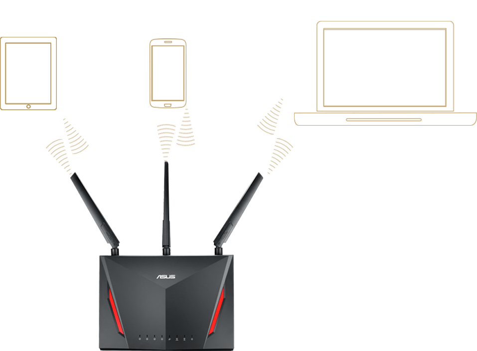ASUS RT-AC86U comes with Multi-user MIMO, allowing RT-AC86U to serve multi-device at a time.