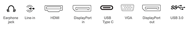 USB-C™, DisplayPort(in/out), VGA and HDMI